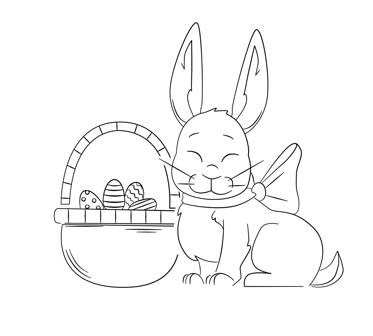 Illustration von einem gefüllten Osertkorb neben dem Osterhasen